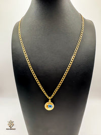 18k Gold Cuban Link Chain with 18k Gold Evil Eye Pendant (22 inches)