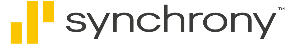 Synchrony logo with a yellow bar on a white background